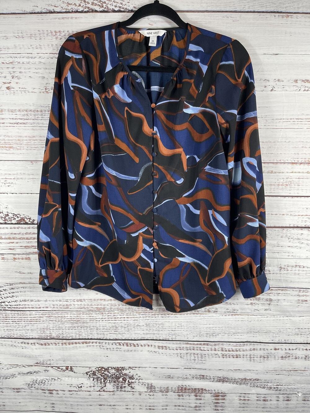 Nine West Blouse Women's XS Blue Orange Abstract Print Button Front Long Sleeve